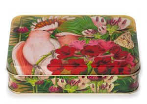 Madame Treacle papegaai cockatoo blikken doos