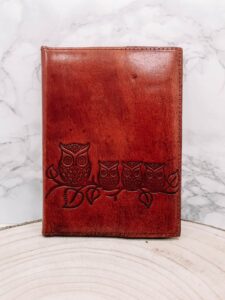 Handgemaakt leren notitieboek met uiltjes
