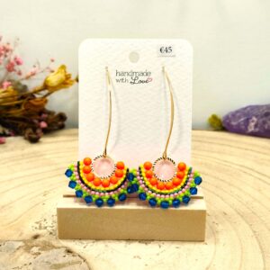 Halfronde oorhangers hematiet en Swarovski oranje parels
