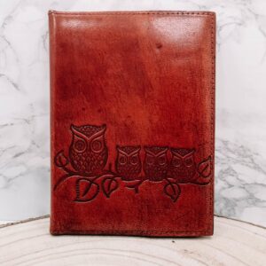 Notitieboek met lederen kaft met uiltjes