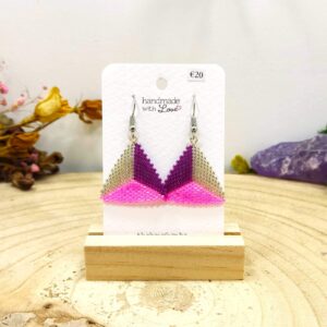 Driehoekige oorhangers zilver-paars-roze