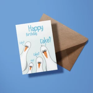 Wenskaart verjaardag Meeuw "Cake?"